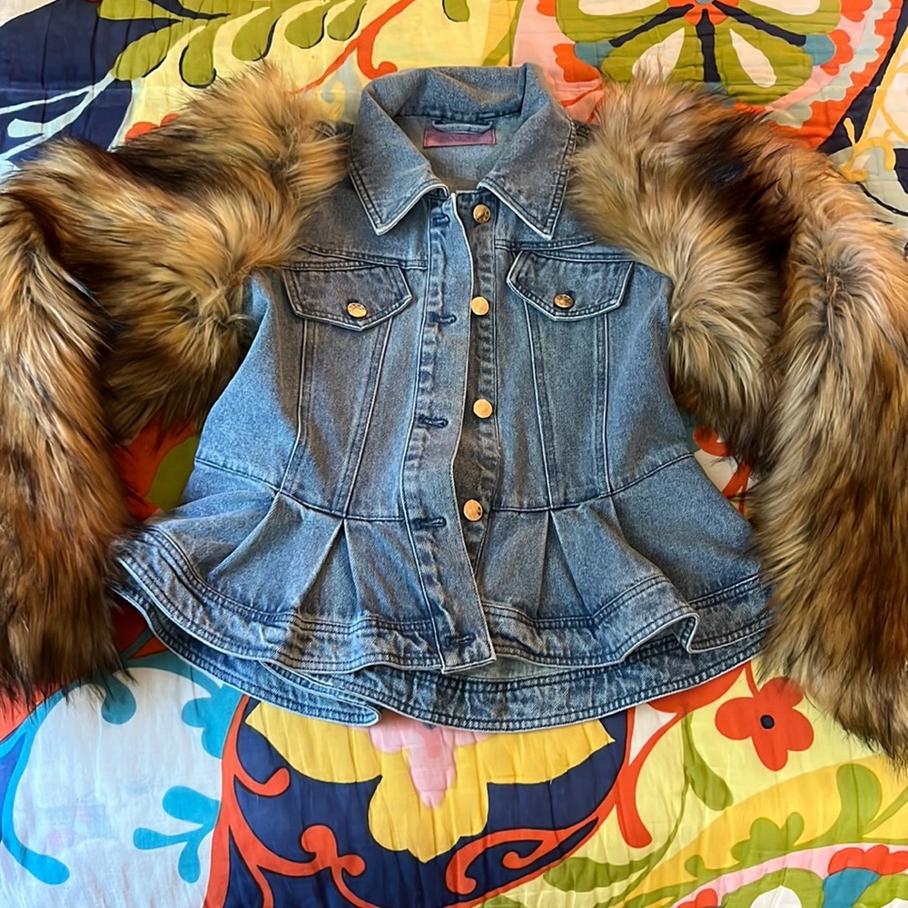 Denim Jean Jacket with Faux Fur Sleeves